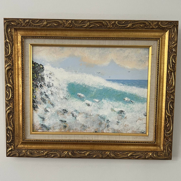 Vintage Other - R. Herrick Signed Original Oil On Canvas Waterscape Painting Antique Gilt Frame